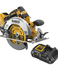 Game Changer 20V Max Brushless Cordless 7-1/4 Inch Circular Saw Kit With Fast Battery And Charger, viewed from the side.