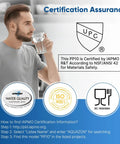 Man drinking water with certification logos for Five Micron 10x2.5 Inch Whole House Sediment Filter Cartridge Replacement For Any Standard 10x2.5 RO System.