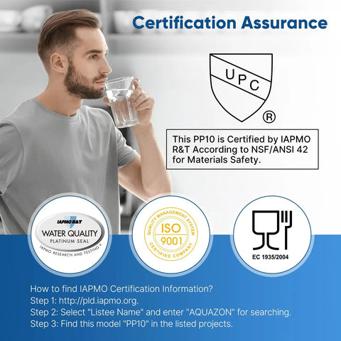 Man drinking water with certification logos for Five Micron 10x2.5 Inch Whole House Sediment Filter Cartridge Replacement For Any Standard 10x2.5 RO System.