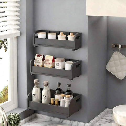 Three Layer Stackable Tea Bags Organizer Made From Bamboo With Large Capacity Go To Display Rack For Pantry Kitchen Office Coffee Station And Bars Restaurants Black mounted on a gray wall