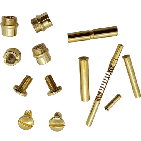 Straight Up Quality Polished Gold Plated 1911 Grip Screws Pins And Bushings Set Drop In Ready For Government Commander Models pieces displayed