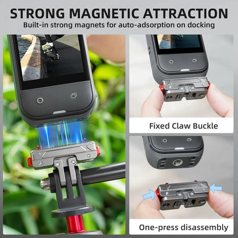 Close-up of Magnetic Quick Release Base for Insta360 X5 and Ace Pro Series, showing aluminum alloy mount with camera attached.