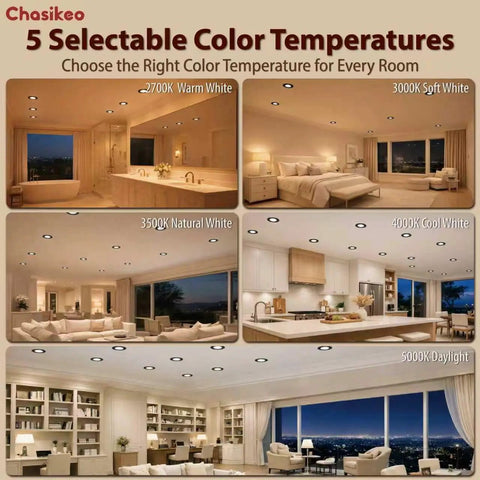 10 Pack 5/6 Inch Metal LED Recessed Lighting, Black Dimmable LED Can Lights shown in five lighting color temperatures.
