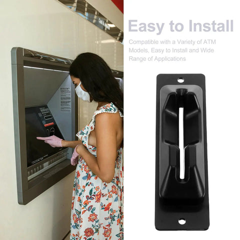 ATM Card Slot Replacement Part For Bank Teller Machines Pro Grade ABS Material Precision Exit Path High Security Easy Install Seamless Card In And Out Low Maintenance Card Dispenser Upgrade, black ATM card slot shown with user at kiosk