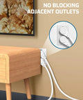 One Foot Indoor Extension Cord 14 Gauge Short Flat Plug With 3 Prongs Low Profile Angled 45 Degree Plug SJT Cable ETL Listed White 3 Pack For Home Office Electronics And Household Appliances plugged beside furniture with no outlet blockage