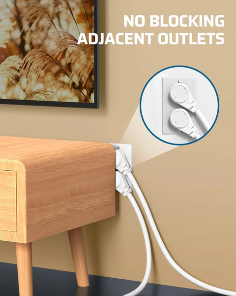 One Foot Indoor Extension Cord 14 Gauge Short Flat Plug With 3 Prongs Low Profile Angled 45 Degree Plug SJT Cable ETL Listed White 3 Pack For Home Office Electronics And Household Appliances plugged beside furniture with no outlet blockage