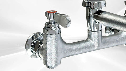 Close-up of NSF Wall-Mounted Mop Sink Faucet, 8" Adjustable Centers, 6-1/2" Spout, Heavy Cast Spout with Pail Hook, BXF-S001.