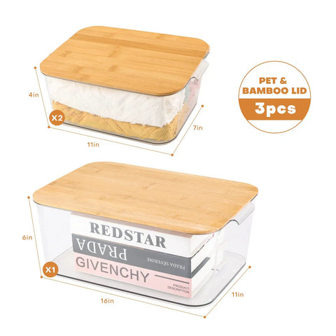 Clear PET Plastic Storage Bins With Removable Bamboo Lids And Grab Handles, Stackable Lidded Kitchen And Laundry Boxes, Set Of 3 For Closet Cabinet Shelf Organization, Durable Bins For Home Decor And Everyday Use, 1 Large 2 Small, showcasing dimensions and lid details.