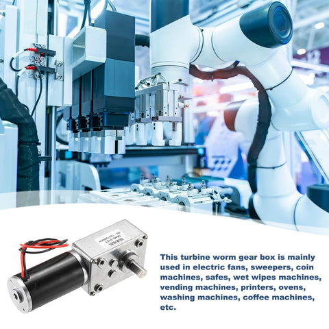 12V DC Reversible Worm Gear Motor with 120 RPM and 50:1 Reduction showcased in industrial setting with machinery