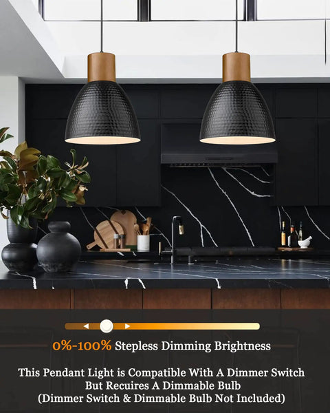 Hammered Pendant Light With Solid Wood And Metal Shade In Black Finish over kitchen island