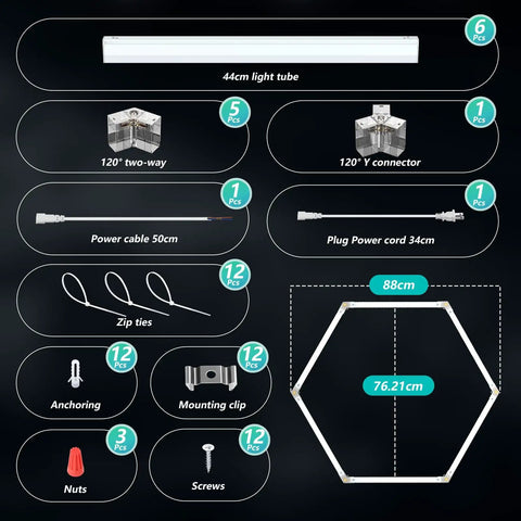 Hexagon Garage Lights Easy Install Ultra Bright LED Ceiling Light kit with components including light tube, connectors, and cables