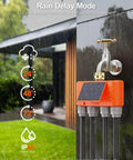 Solar Powered WiFi Sprinkler Timer With 4 Zones And Water Flow Meter mounted on outdoor faucet with rain delay mode display