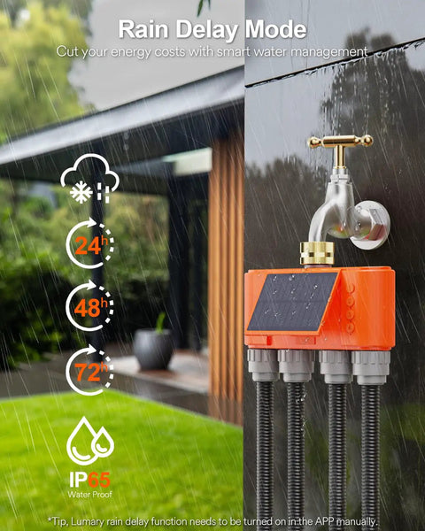 Solar Powered WiFi Sprinkler Timer With 4 Zones And Water Flow Meter mounted on outdoor faucet with rain delay mode display