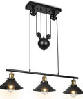 Three Light Pulley Pendant Island Light With Industrial Vintage Rustic Vibe, adjustable for 7ft 8ft 9ft tables, black metal