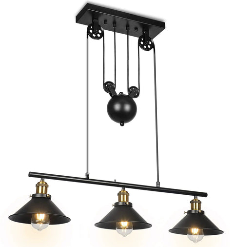 Three Light Pulley Pendant Island Light With Industrial Vintage Rustic Vibe, adjustable for 7ft 8ft 9ft tables, black metal