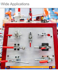 Display board showcasing various toggle clamps including Heavy Duty Toggle Clamp 99 Lbs Holding Capacity Push Pull Action Quick Release Down Clamp For Woodworking Zinc Plated Carbon Steel Two Piece Set Durable Fixture Tool For Fast Secure Holds.