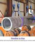 Two Pack 5 to 1 Safety Factor 1 Inch by 3.3 Foot Polyester Webbing Lifting Slings With Twisted Eye Ends 2204 Lb Working Load Limit Heavy Duty Cargo Hoist Strap Purple For Industrial Shop Hoisting lifting a metal pipe in industrial setting