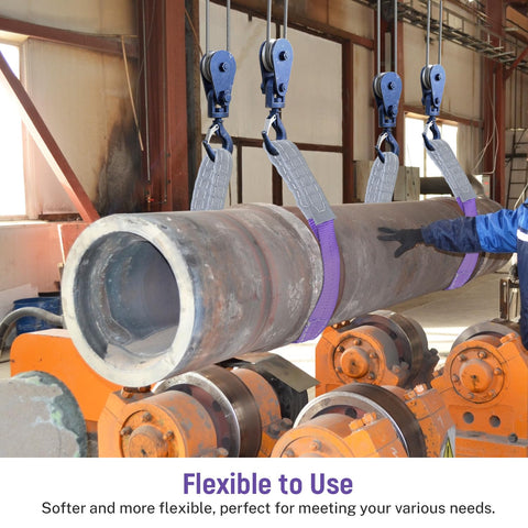 Two Pack 5 to 1 Safety Factor 1 Inch by 3.3 Foot Polyester Webbing Lifting Slings With Twisted Eye Ends 2204 Lb Working Load Limit Heavy Duty Cargo Hoist Strap Purple For Industrial Shop Hoisting lifting a metal pipe in industrial setting