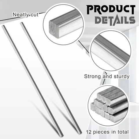 12 Piece Square Steel Bar Stock Set One Quarter Inch By One Quarter Inch By Twelve Inch Cold Drawn Metal Bars For DIY Projects Fabrication And Industrial Use Heavy Duty High Precision Durable And Ready For Machining, showing bars stacked and detailed.
