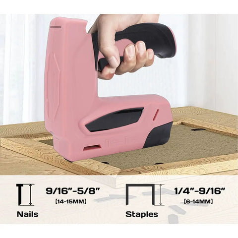 Badass Cordless Electric Staple Gun Featuring Plug And Play Battery Setup, ergonomic grip for easy handling on wood.