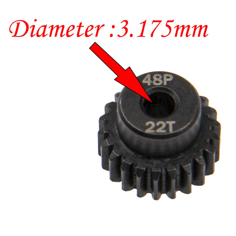 Five Pack 48P Pinion Gear Sets 18T 19T 20T 21T 22T For 3.175mm Shafts Hardened Steel Beefed Up Build 22T gear close-up