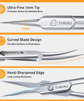Illustration of Pro Grade Extra Fine Cuticle Scissors With Curved Blade highlighting ultra-fine tip, curved blade design, and sharp edge.