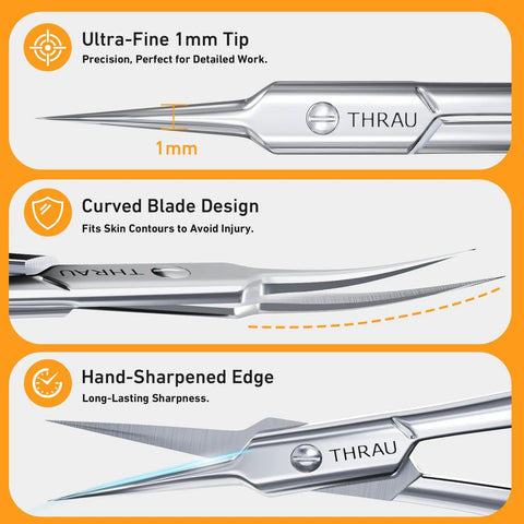 Illustration of Pro Grade Extra Fine Cuticle Scissors With Curved Blade highlighting ultra-fine tip, curved blade design, and sharp edge.