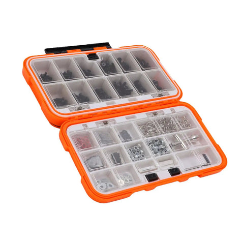 Universal RC Screws Set 537 Piece Hardware Kit For 1/8 1/10 1/12 1/16 Scale Cars Trucks Buggies And Crawlers With Durable Storage Box And Wide Compatibility For HPI Axial And More, orange organizer open