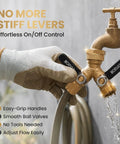 Heavy Duty Two Way Hose Splitter Brass Lead Free With Extra Long Butterfly Valves And On Off Easy Grip Handles Garden Hose Connector For Faucet And Spigot Includes Washers And Teflon Tape Dual Outlet Adapter attached to faucet with hose and flowing water