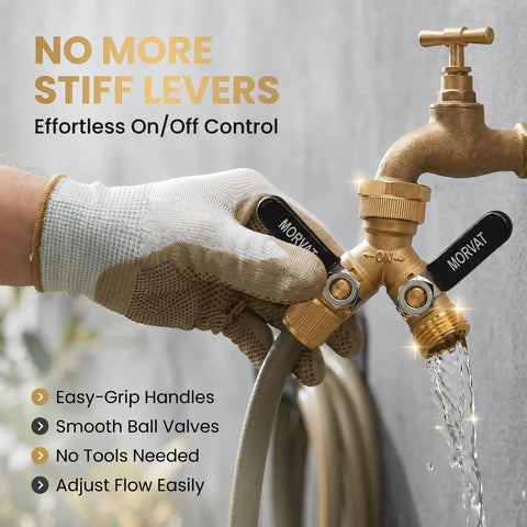 Heavy Duty Two Way Hose Splitter Brass Lead Free With Extra Long Butterfly Valves And On Off Easy Grip Handles Garden Hose Connector For Faucet And Spigot Includes Washers And Teflon Tape Dual Outlet Adapter attached to faucet with hose and flowing water