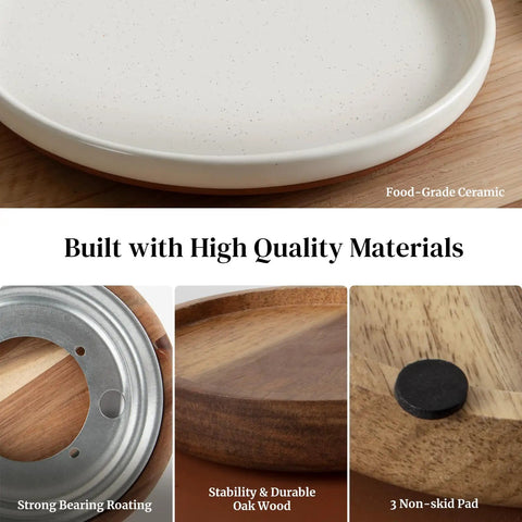 Close-up of Super Smooth Spinning Ceramic Lazy Susan Tray With Natural Acacia Wood Base showing food-grade ceramic and oak wood elements.