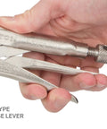 Close-up of Six Piece Locking Pliers Set showing pull-type release lever with user's hand adjusting tool