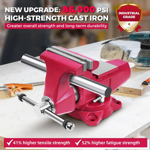 Industrial Bench Vise 4 Inch Jaw Width With 360 Degree Swivel Base Machined Round Guide Bar 86,000 PSI Ductile Iron