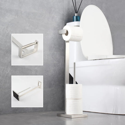 Free Standing Toilet Paper Holder for Bathroom Made From SUS 304 Stainless Steel With Brushed Finish in bathroom setting