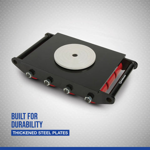Heavy Duty Machinery Mover With 12 Polyurethane Rollers And 360 Degree Non Slip Rotation Delivers 39,600 Lb Capacity For A Real Worksite Must Have Portable Industrial Move Model CRA-18 shown with thickened steel plates
