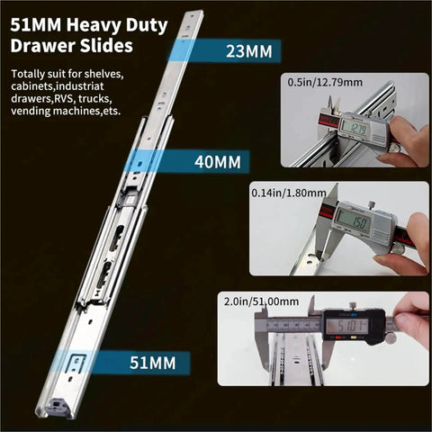 Heavy Duty Locking Drawer Slides 260 Lb Capacity With Full Extension 3 Fold, steel slide shown with 51mm width and 40mm height