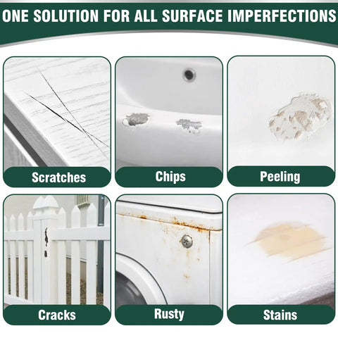 Image showing examples of surface imperfections like scratches, chips, peeling, cracks, rust, stains for repair with All Surface White Touch Up Paint Pen For Cabinets, Furniture, Walls, Doors, Metal And Enamel Appliances, High Coverage Quick Dry Waterproof Finish, 1.5 Oz Semi Gloss Scratch Repair Tool For DIY Home Renovation.