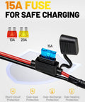 Close-up of 1.25Ft SAE to O Ring Terminal Harness showing 15A fuse for safe charging with short-circuit and over-load protection.