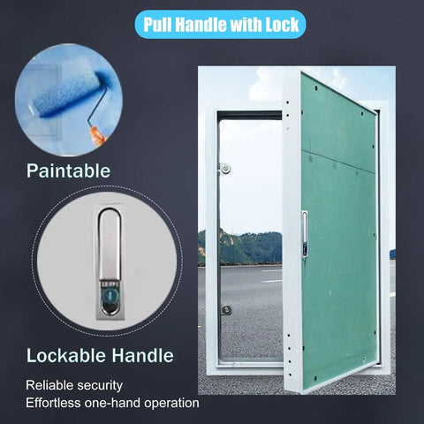 Custom Fit Lockable Wall Access Panel Hidden Inspection Hatch with Heavy Duty Aluminum Frame Secure Latch for Drywall Utility Openings, showing pull handle with lock.