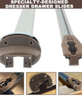 Replacement Drawer Guide Kit Pack Of 5 Sets with heavy-duty center mount rails and roller stops for cabinets, close-up view.