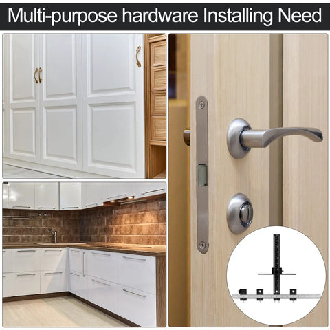 Pro Grade Aluminum Cabinet Hardware Jig For Precise Door And Drawer Installations Adjustable Drill Guide Sleeve For Handles And Pulls Rugged Aluminum Alloy Build Effortless DIY Cabinet Hardware Setup shown with cabinets and door lock