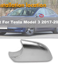 Driver Side Tesla Model 3 Lower Mirror Cover Chrome Base Bezel Trim shown installed on vehicle for 2017-2022 models.