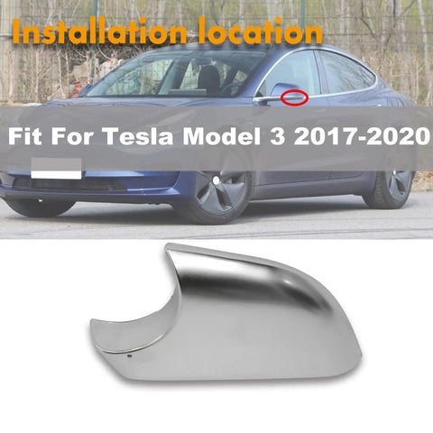 Driver Side Tesla Model 3 Lower Mirror Cover Chrome Base Bezel Trim shown installed on vehicle for 2017-2022 models.