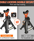 Heavy Duty 3 Ton Jack Stands For SUVs And Cars, Extra Tall Adjustable Height 13.39 To 21.06 Inches, 6,600 Lbs Capacity, UTV ATV Safe Support, Black, 1 Pair showing double and single locking mechanisms