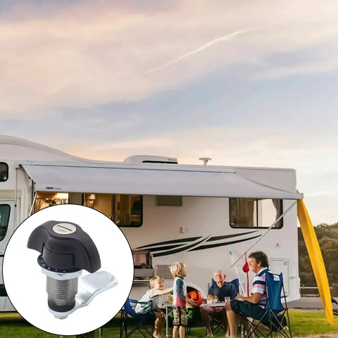 Keyed Alike Cabinet Locks With Cams for cabinets in outdoor trailer camping scene with family in foreground and lock inset