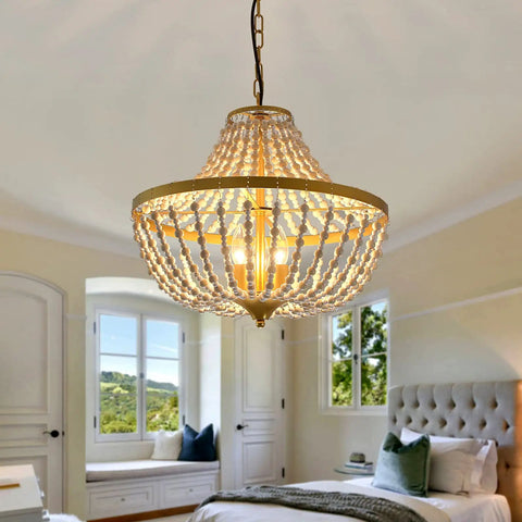 Three Light Boho Wood Beaded Gold Chandelier for Rustic Farmhouse Style Pendant Light Fixture with Cozy Vibe and Warm Glow Ideal for Dining Room Living Room Bedroom Hallway and Entryway