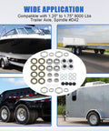 Center close-up of 4-set trailer axle bearing kit for 8000 lb axles; outer 1.25 in ID, inner 1.75 in ID with double lip seals.