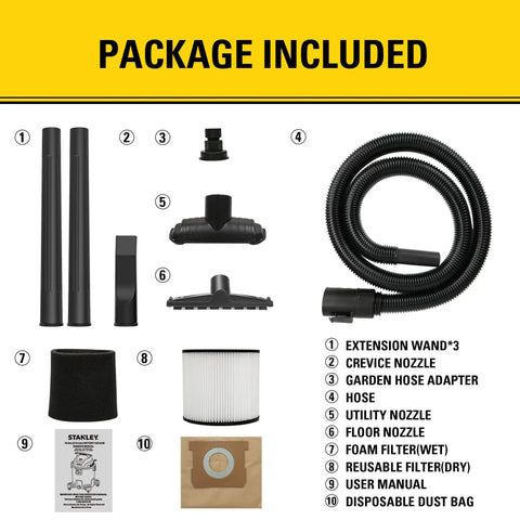 Package contents of 10 Gallon Wet Dry Shop Vacuum With 6 Peak HP Motor And Built In Drain, Heavy Duty Suction accessories shown.