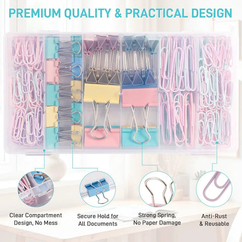Colorful Binder Clips And Paper Clips Set With Assorted Sizes For Home Office And School Classrooms 310 Piece Kit organized in case