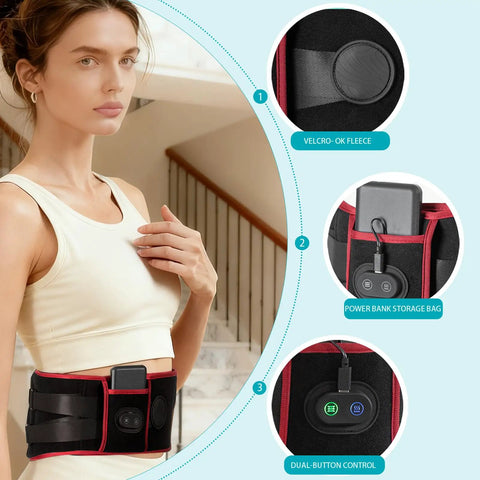 Cordless Heating Massage Belt With 3 Heat Settings And 5 Vibration Modes 10000mAh Rechargeable Battery worn by woman indoors
